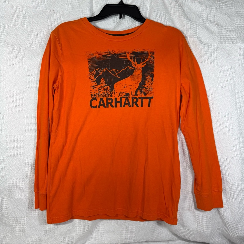 Carhartt Kids Orange Graphic Long Sleeve Shirt Deer. Size large 14/16